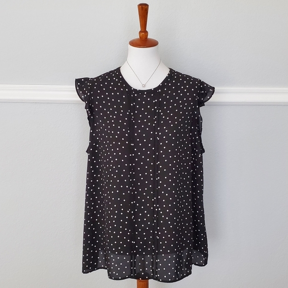 Elle Tops - 𝅺Elle Sheer Polka Dot Crewneck Flutter Sleeve Blouse Top Black White XXL